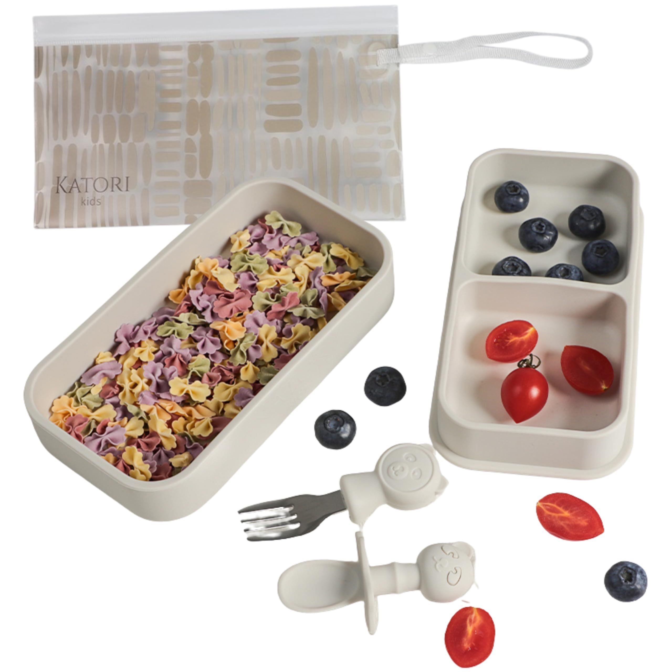 KATORI KIDS suction plate travel setup promotes mess-free meals on the go.
