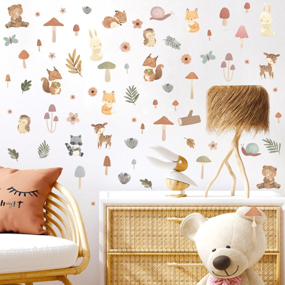 Kazova small mushroom wall stickers in a forest scene for playful nursery decor