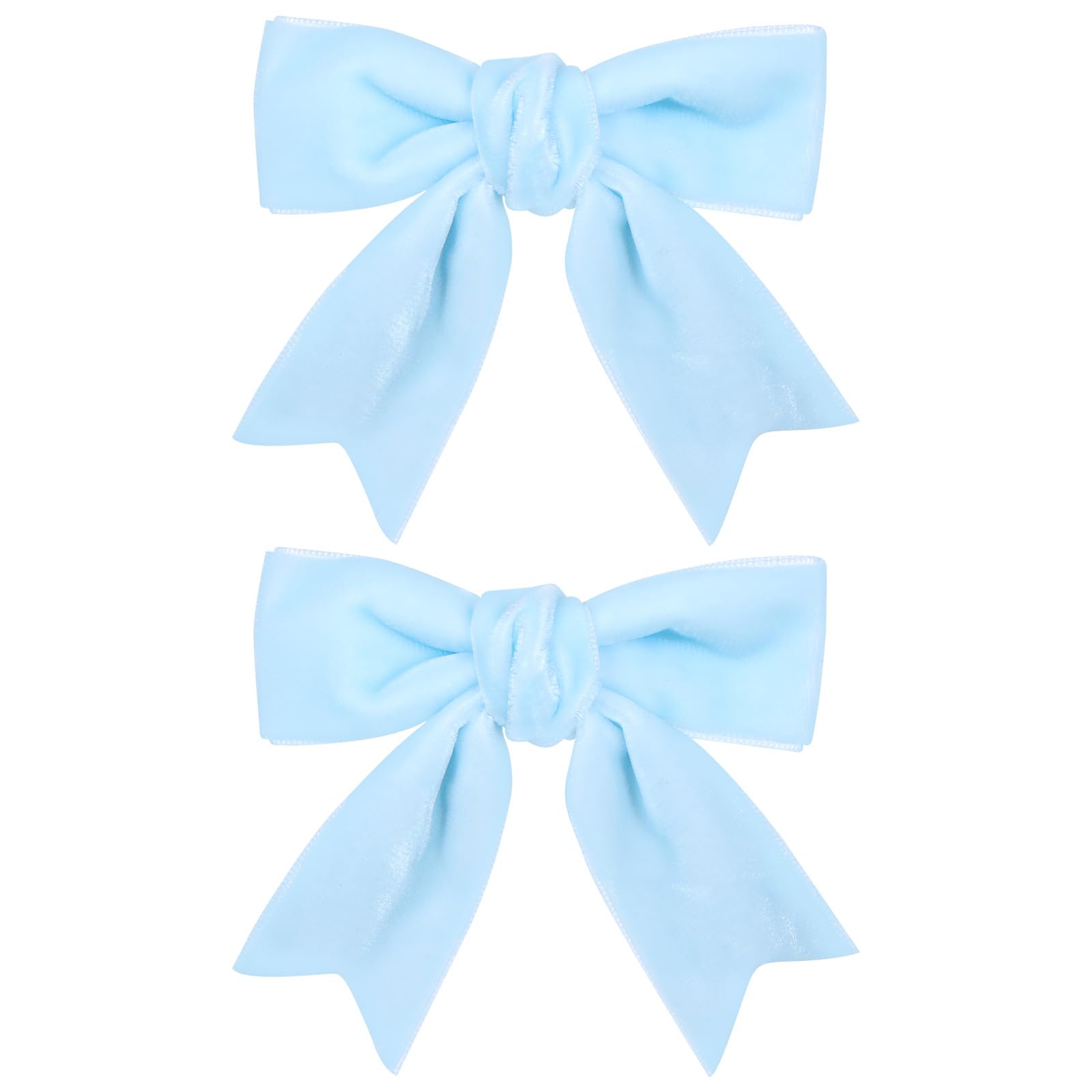 KCHIES 3in velvet bow light blue clipped on hair for secure all-day wear.