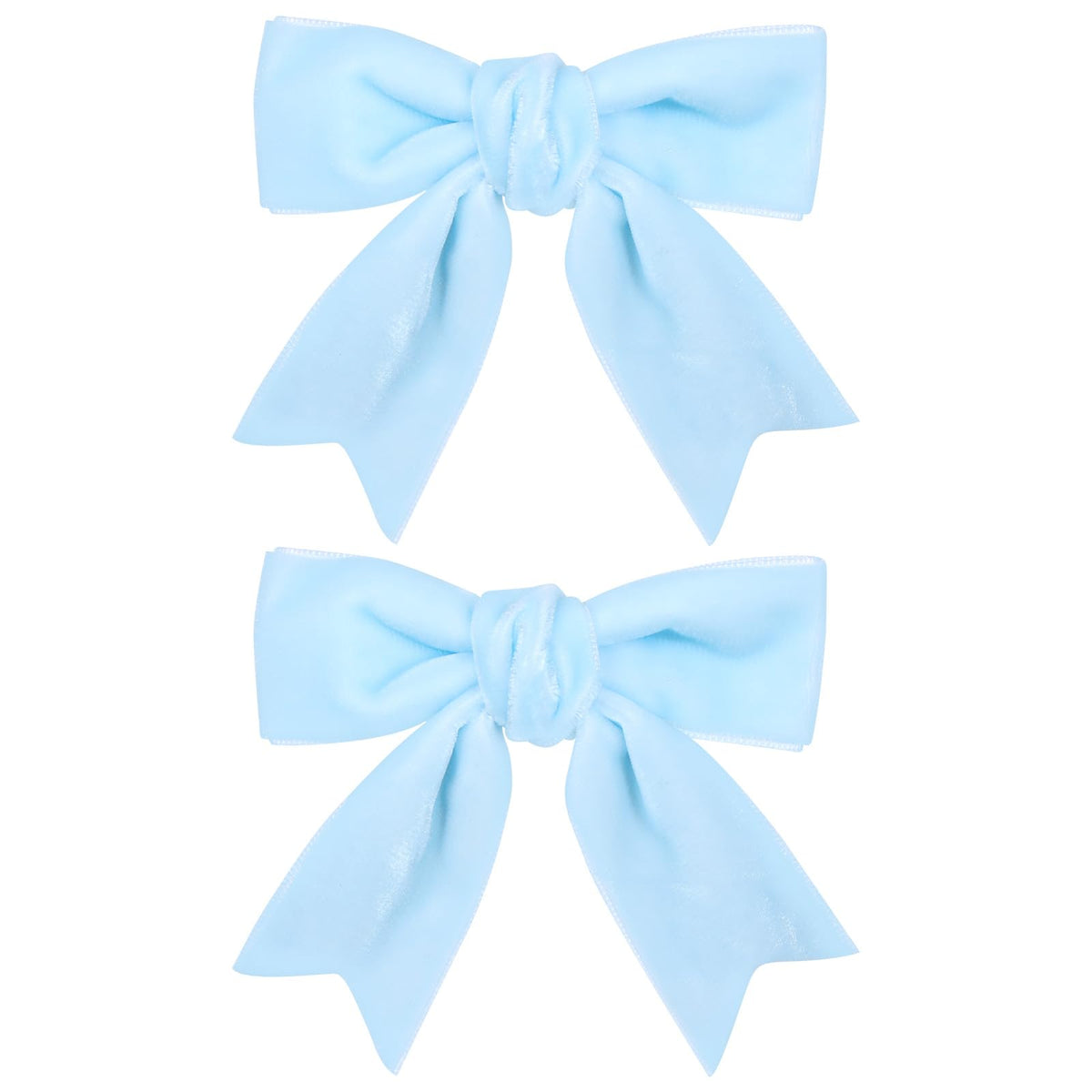 KCHIES 3in velvet bow light blue clipped on hair for secure all-day wear.
