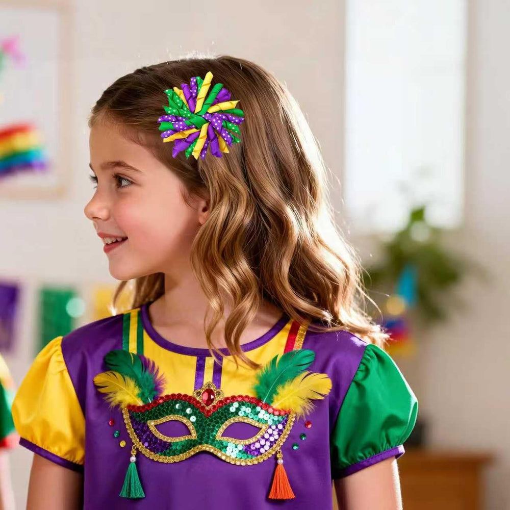 KCHIES alligator clip with Mardi Gras bow for secure wear