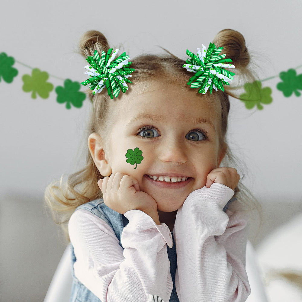 KCHIES shamrock curly korker bow close-up shows neat construction for comfortable wear.