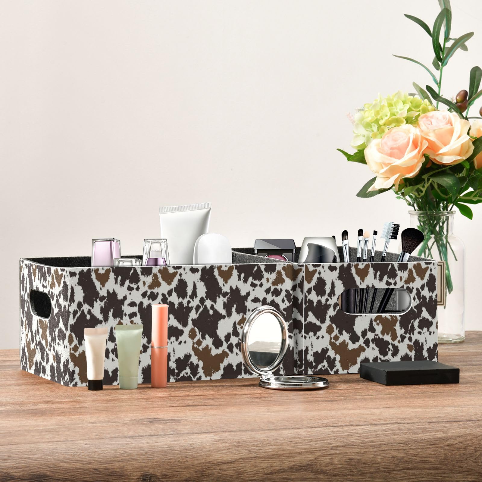 Kcldeci cow-print storage bin on shelf for lightweight storage