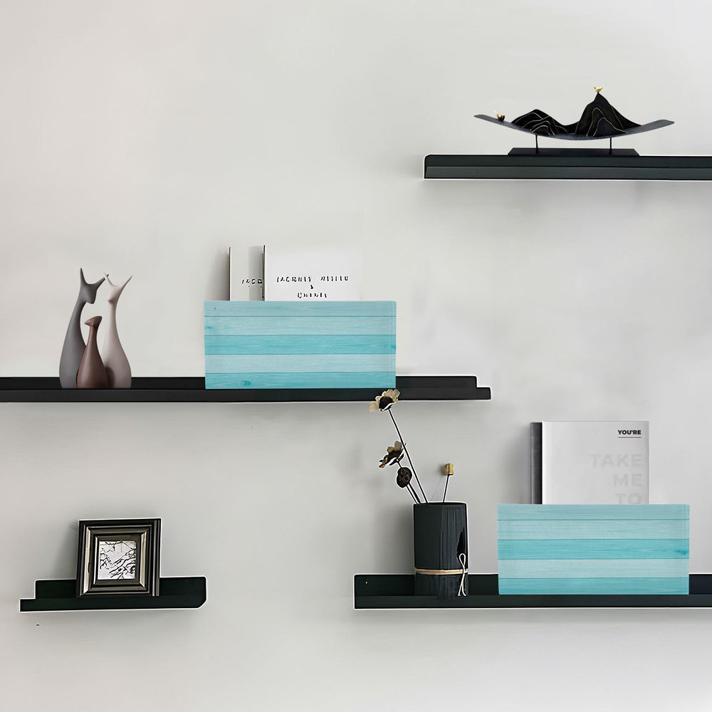 Kcldeci teal storage bin in closet for books and magazines.