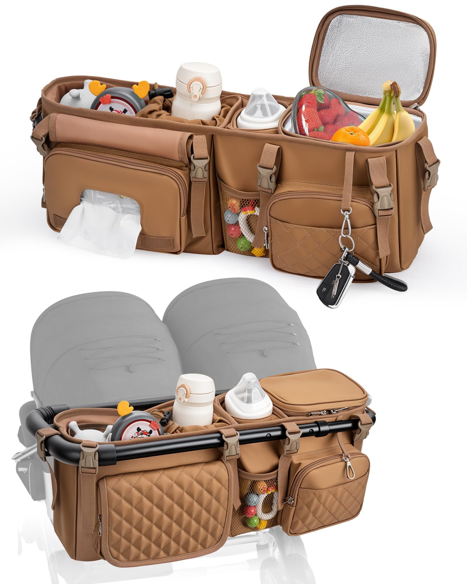 kcross double stroller organizer exterior with quick-access pockets for on-the-go essentials