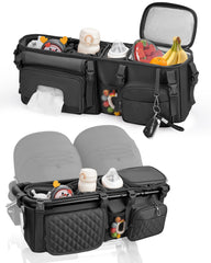 kcross double-stroller-organizer-bob-duallie-fit keeps diapers and bottles within easy reach on Bob Duallie.
