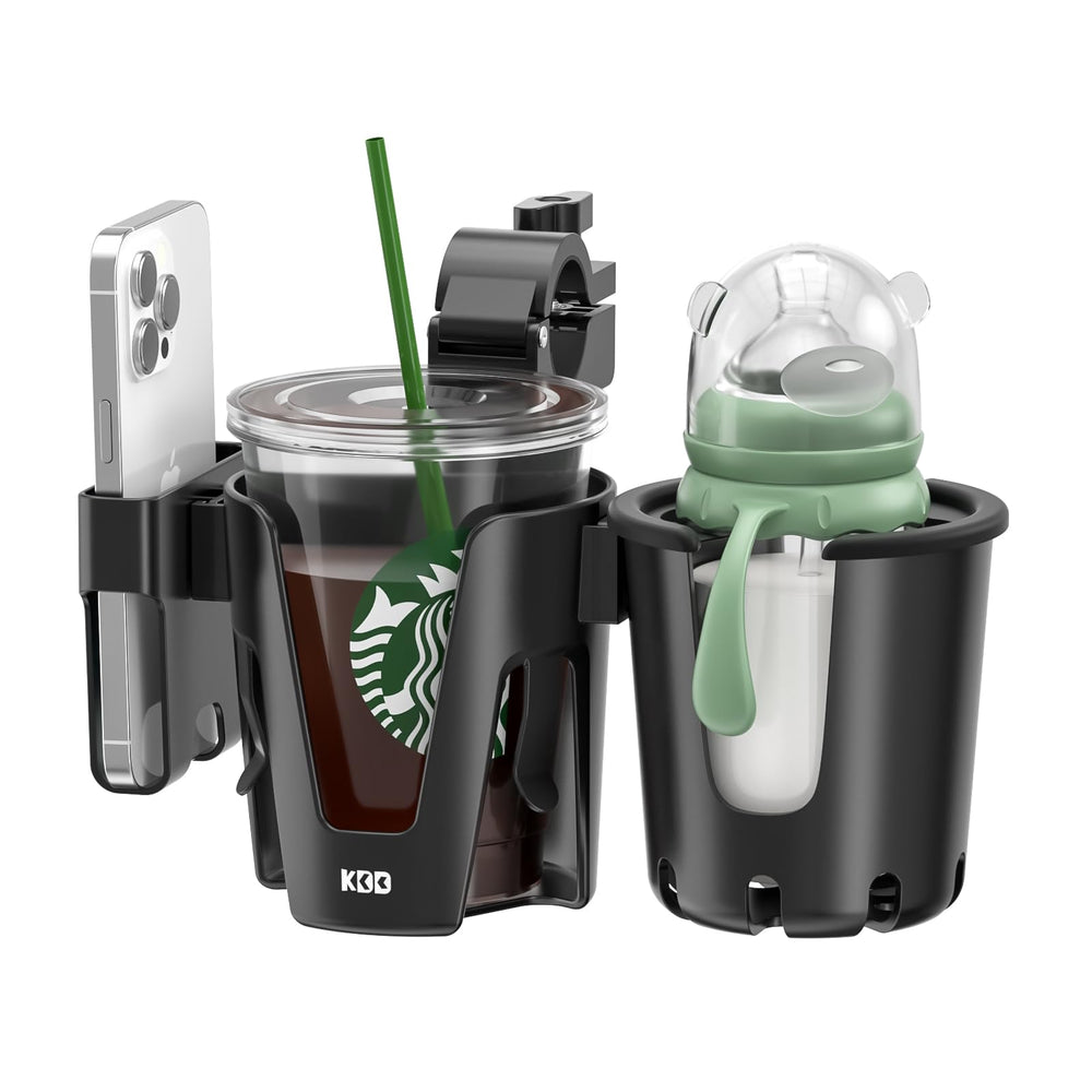 KDD Stroller Cup Holder with two cups and phone organizer for easy reach during walks