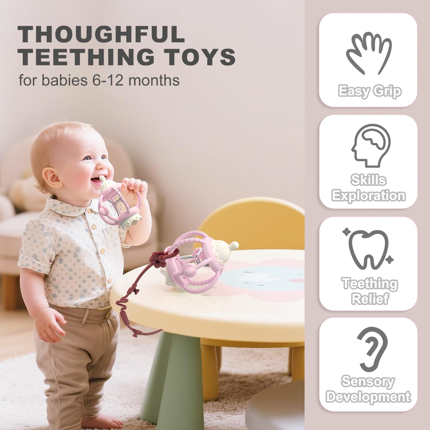 KDTOMOY detachable rattle teether is dishwasher-safe for quick cleanup.