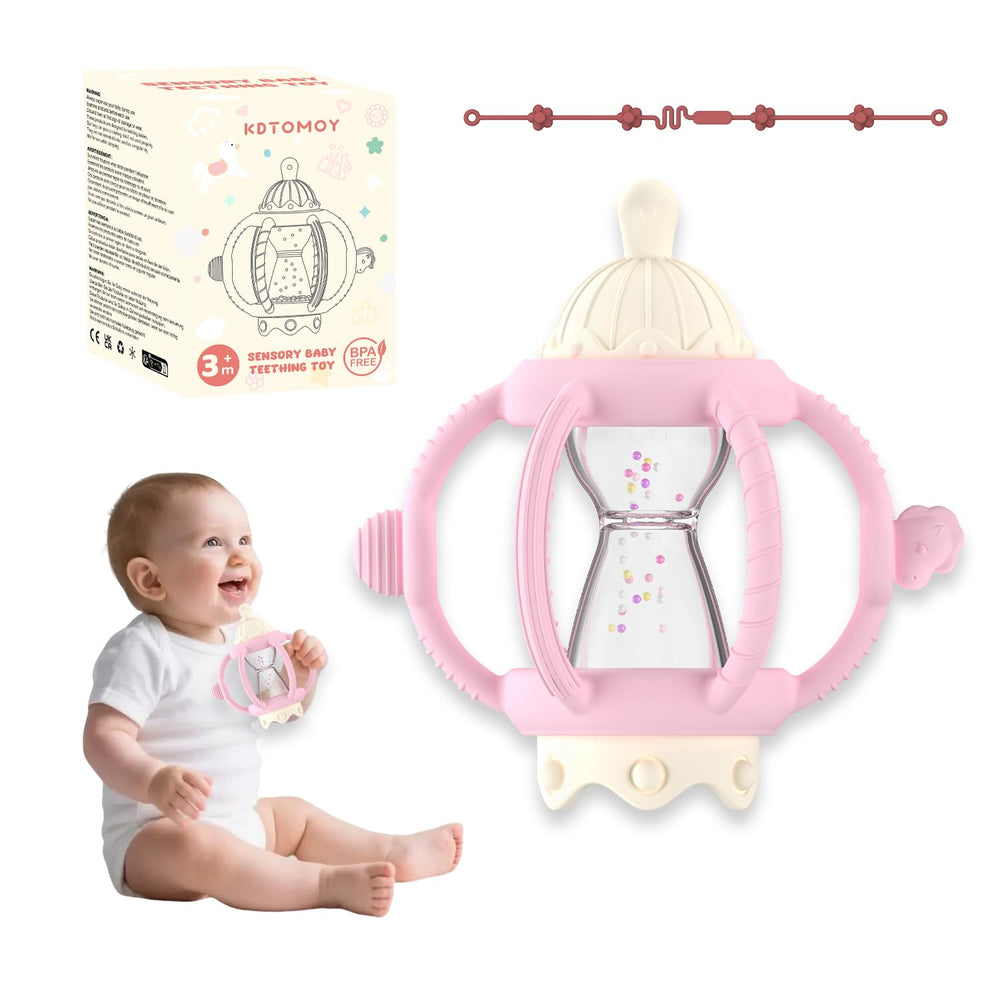 KDTOMOY pink teething rattle pacifier closeup for soothing gums during teething.