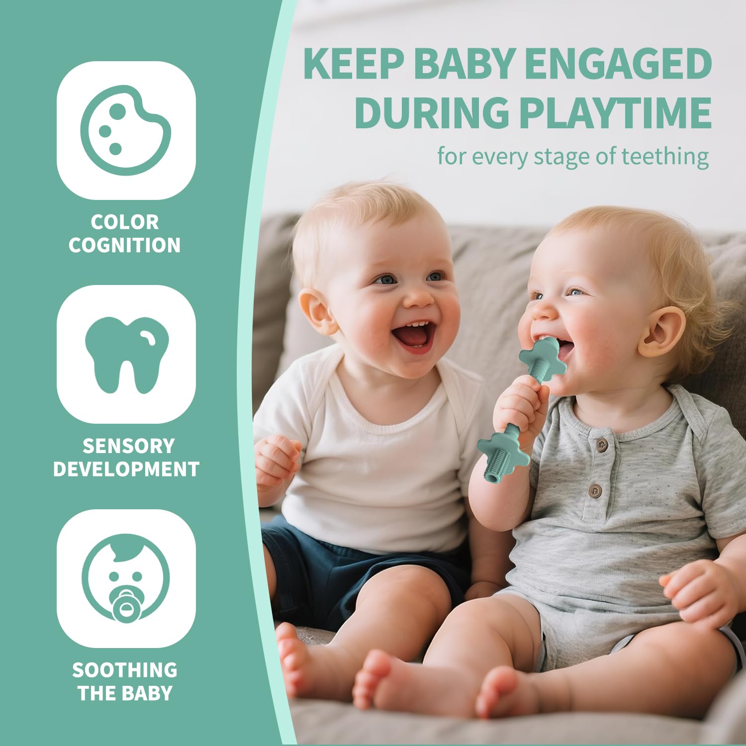 KDTOMOY teething tubes shown in baby's hands for easy grasping