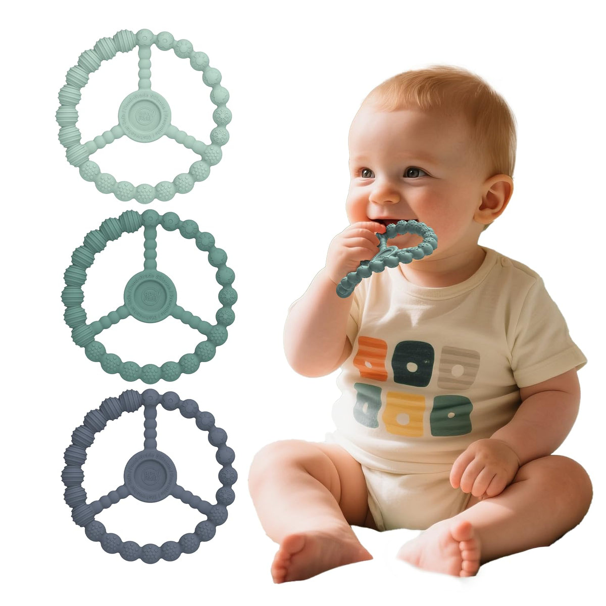 KDTOMOY 3-pack teether front view showing on-the-go relief for babies.