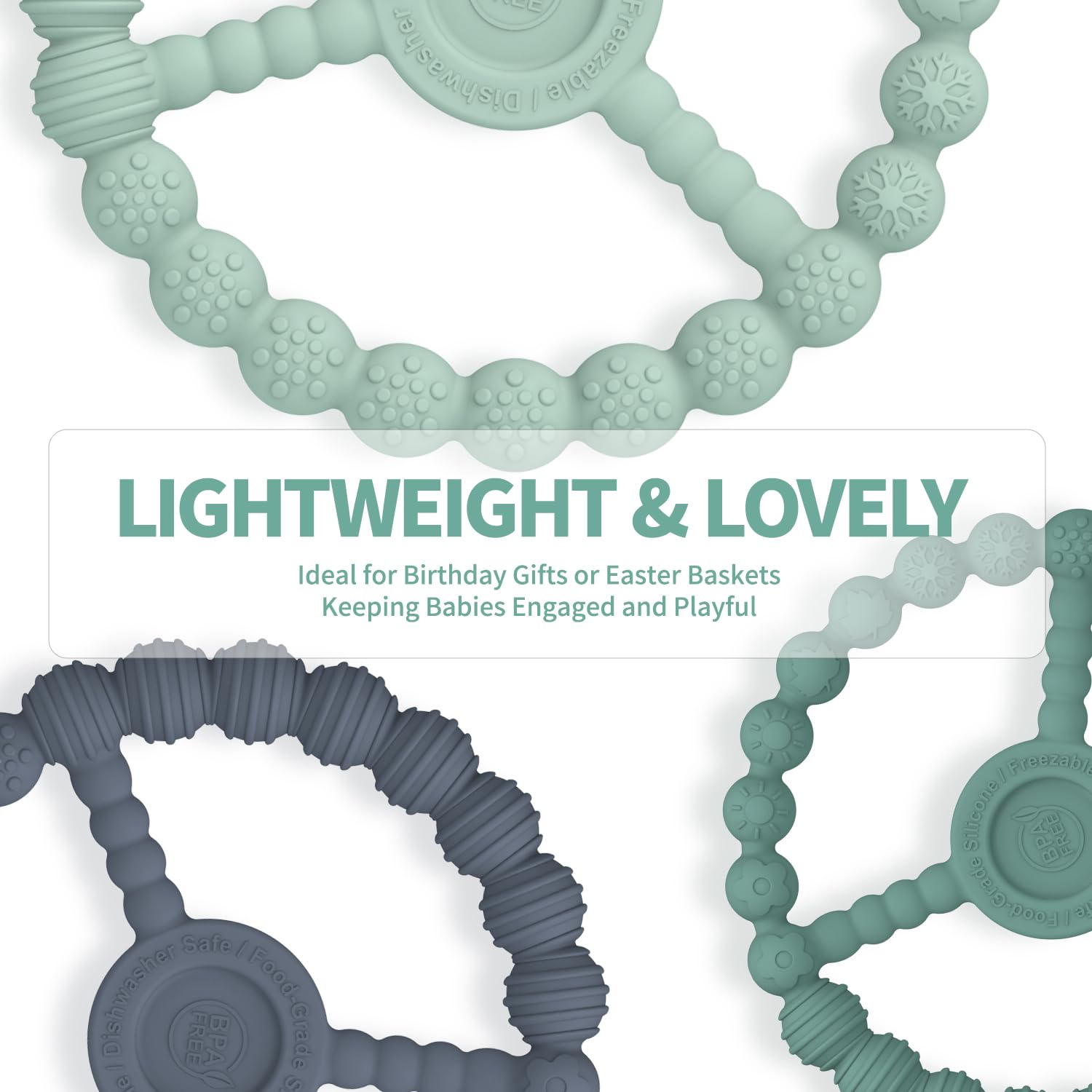 KDTOMOY freezer-ready teether demonstrating cooling relief for gums.