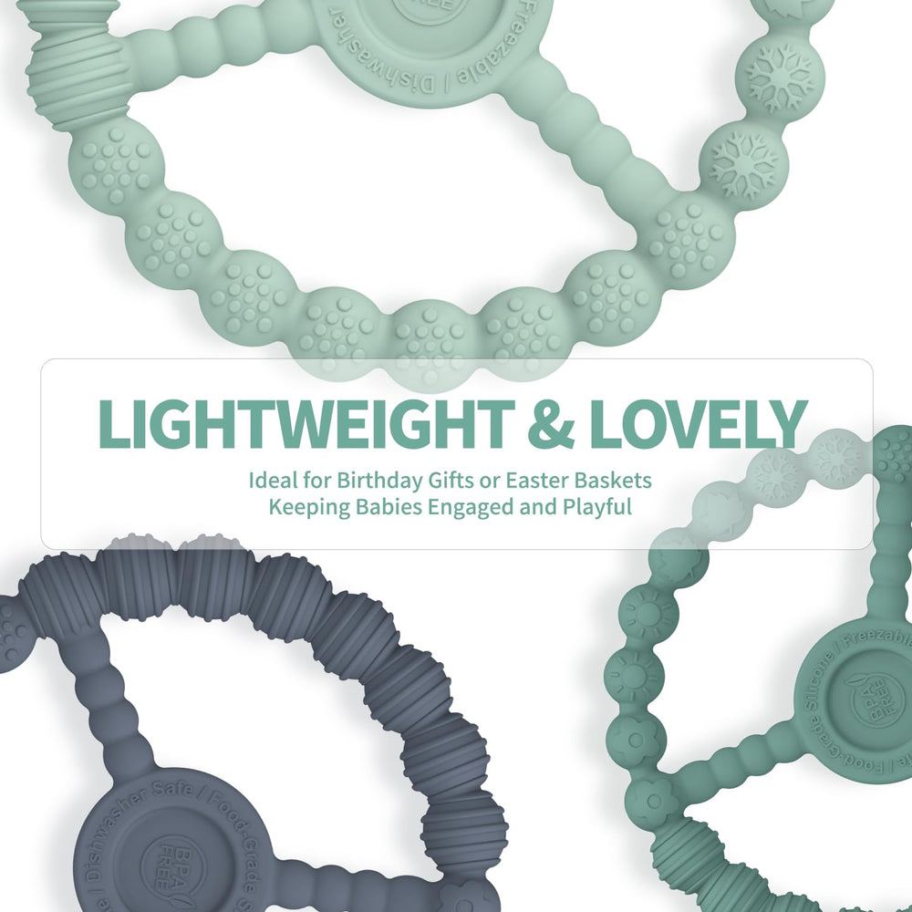 KDTOMOY freezer-ready teether demonstrating cooling relief for gums.