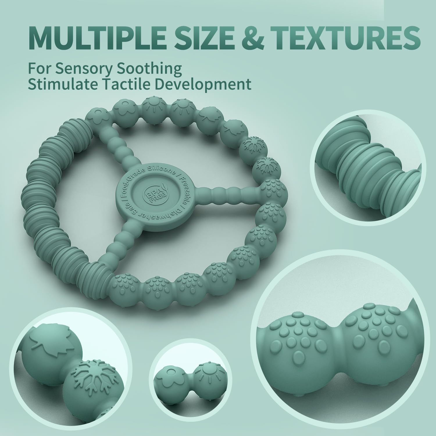 KDTOMOY teether textured-beads closeup emphasizing multi-texture surfaces.