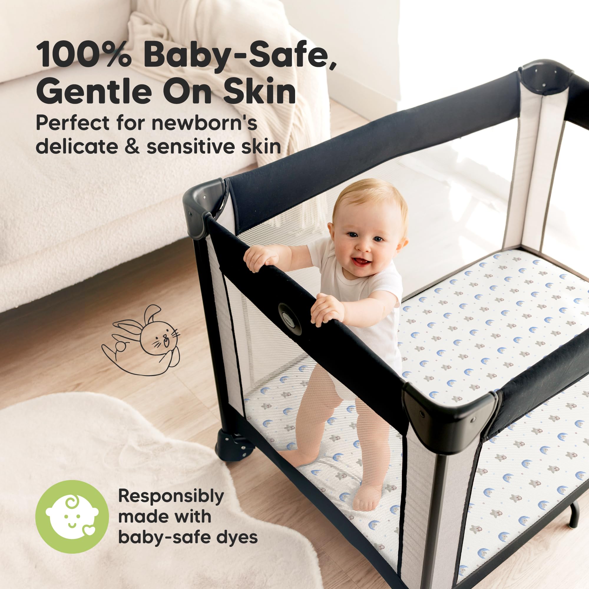 KeaBabies-38x26-pack-n-play-mattress-fit ensures snug coverage on most mini mattresses.