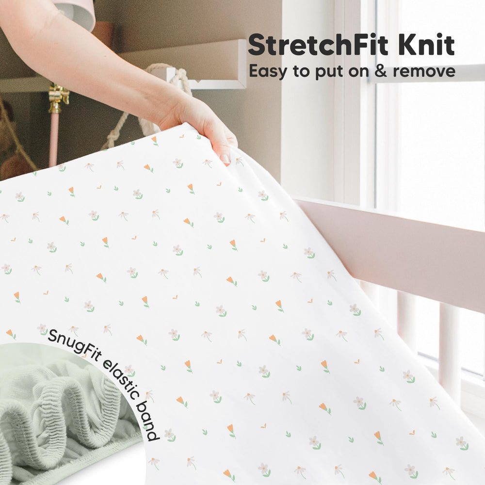 KeaBabies Fitted-crib-sheet on mattress demonstrates snug, quick-to-place fit.