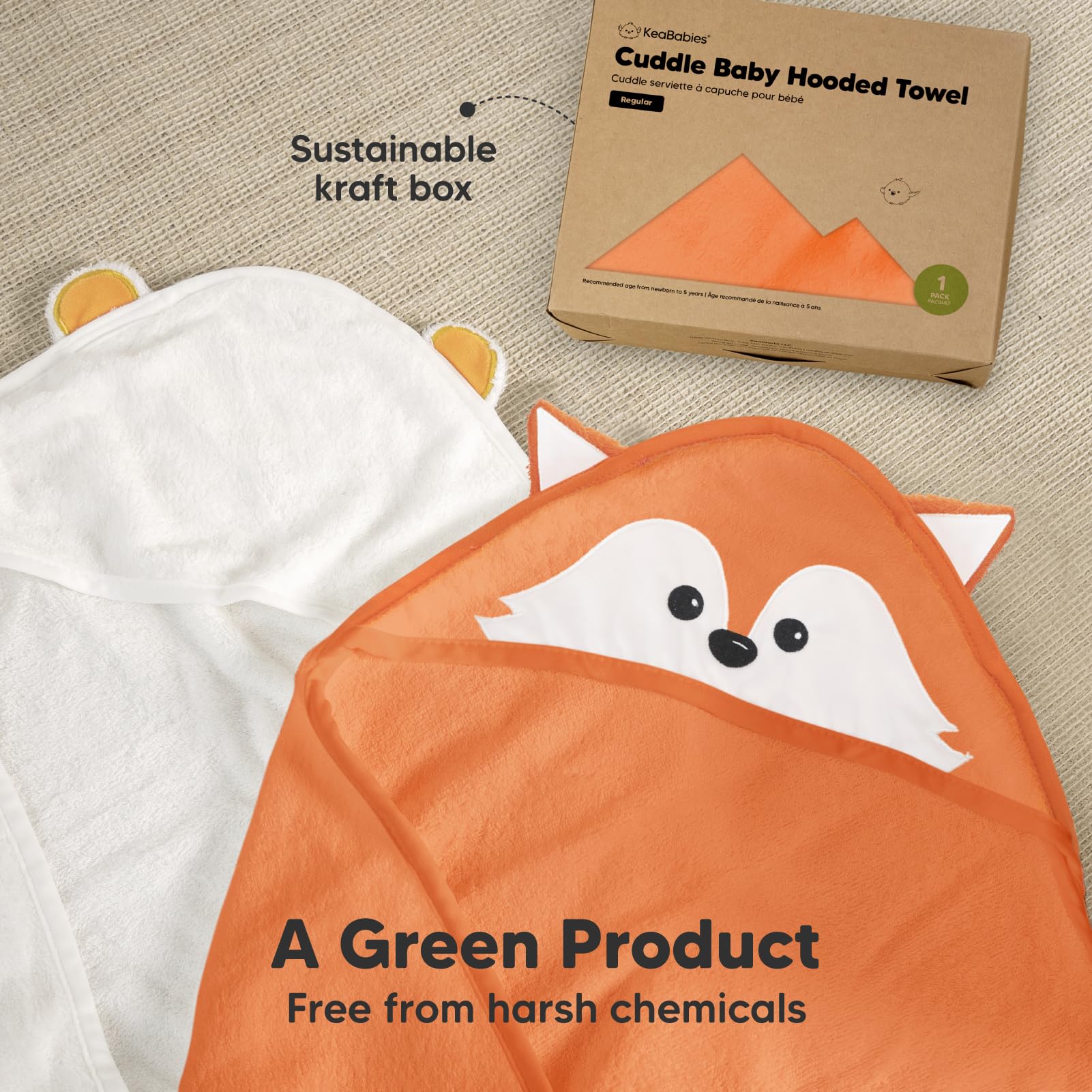 KeaBabies gift-ready fox towel arrives in kraft gift box.