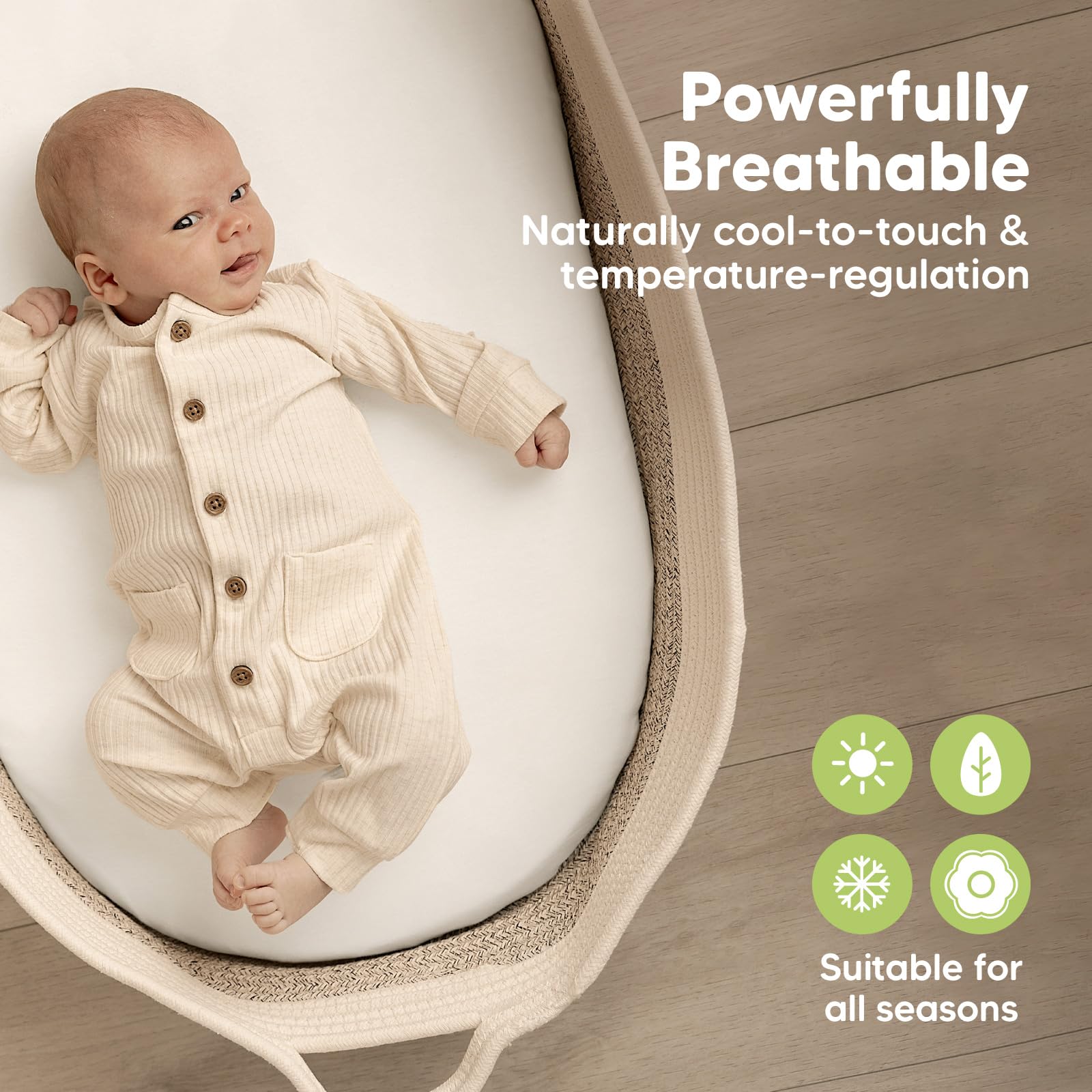 KeaBabies Isla bassinet sheet with hidden elastic band stays securely in place.