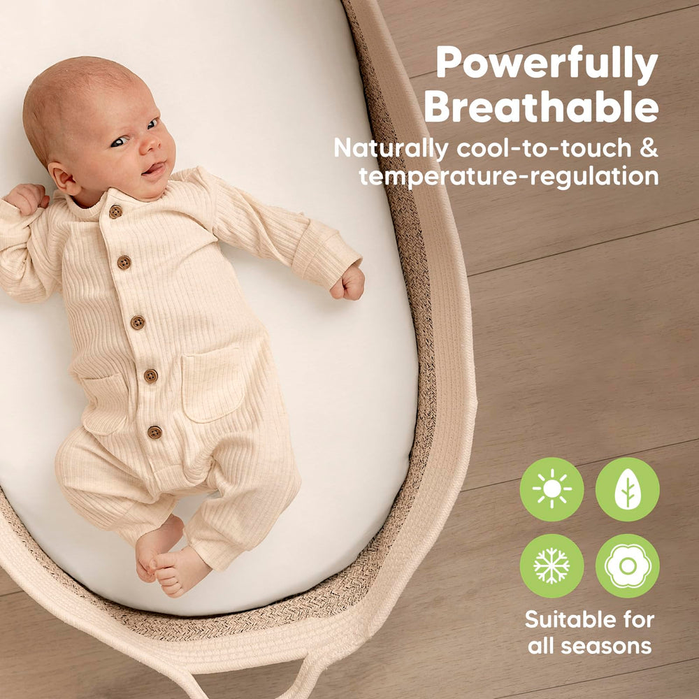 KeaBabies Isla bassinet sheet with hidden elastic band stays securely in place.