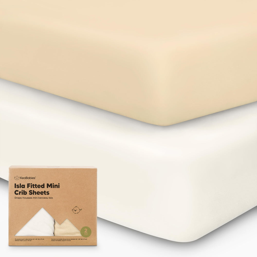KeaBabies Pack N Play sheets folded in Khaki offer neutral styling and soft, breathable fabric.