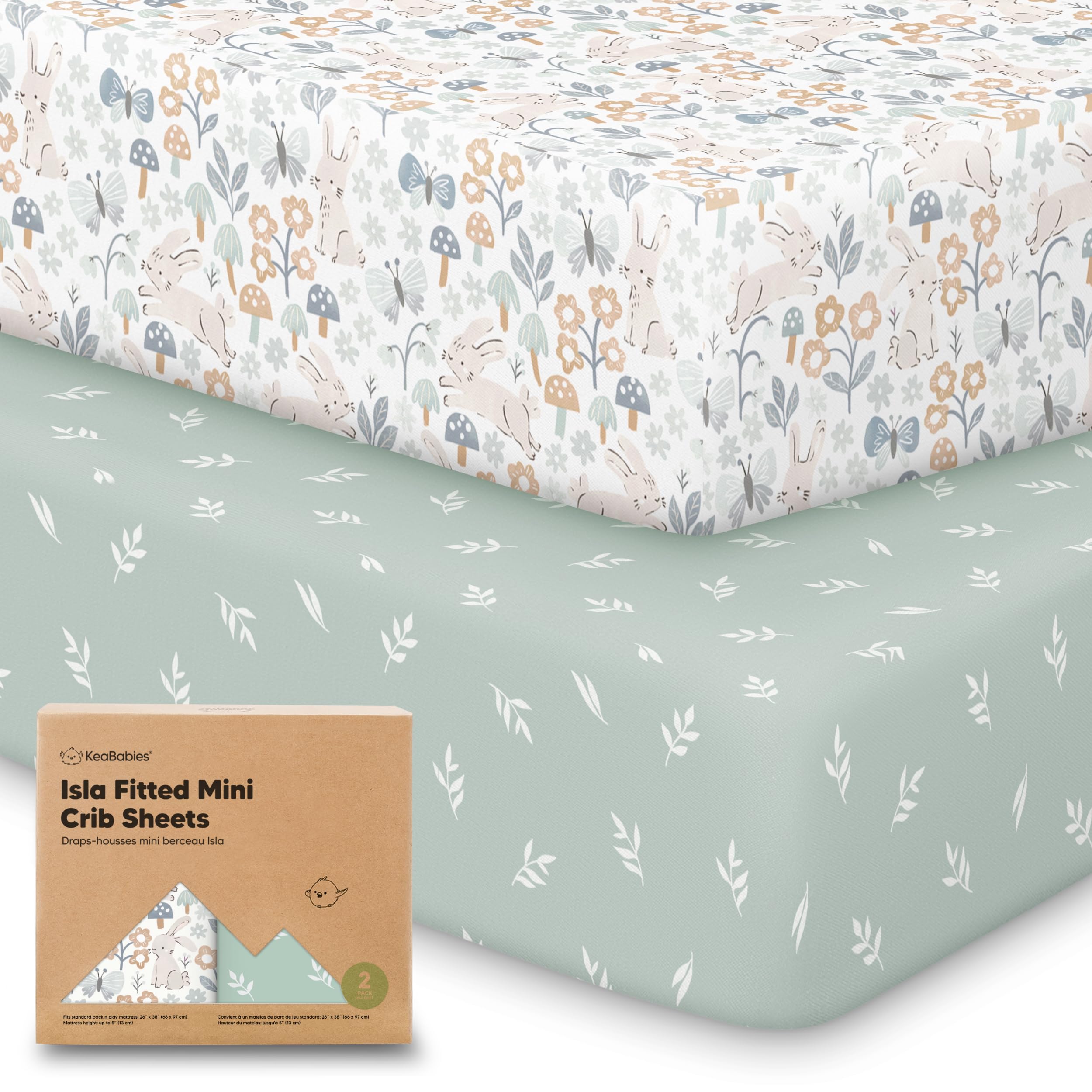 KeaBabies Prairie pack n play sheets front view showing neutral color and fit.