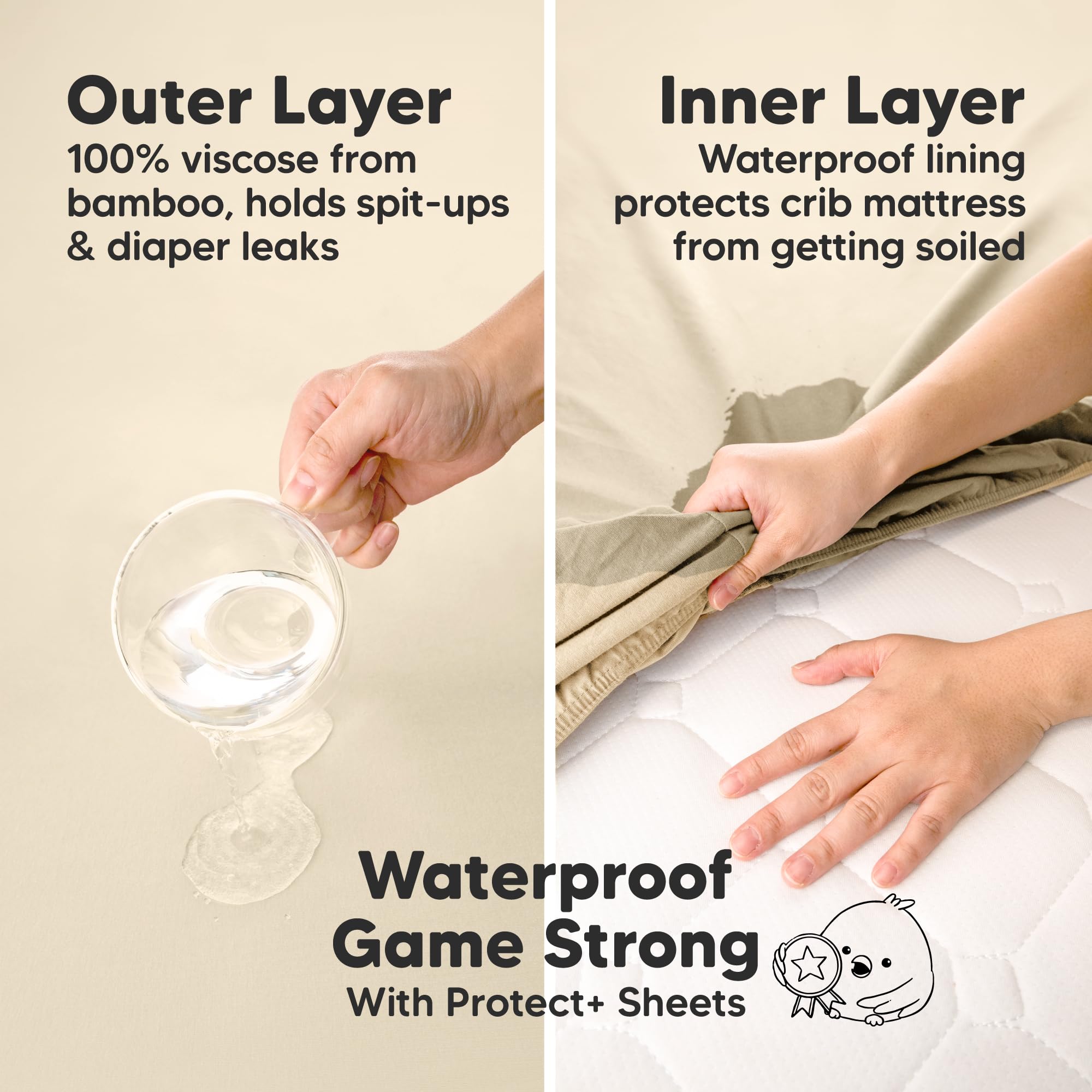 KeaBabies waterproof mini crib sheet close-up showing waterproof layer for spill protection.
