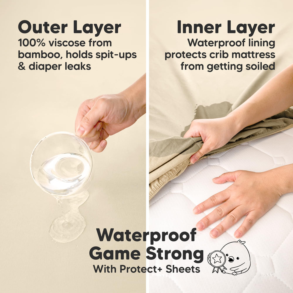 KeaBabies waterproof mini crib sheet close-up showing waterproof layer for spill protection.