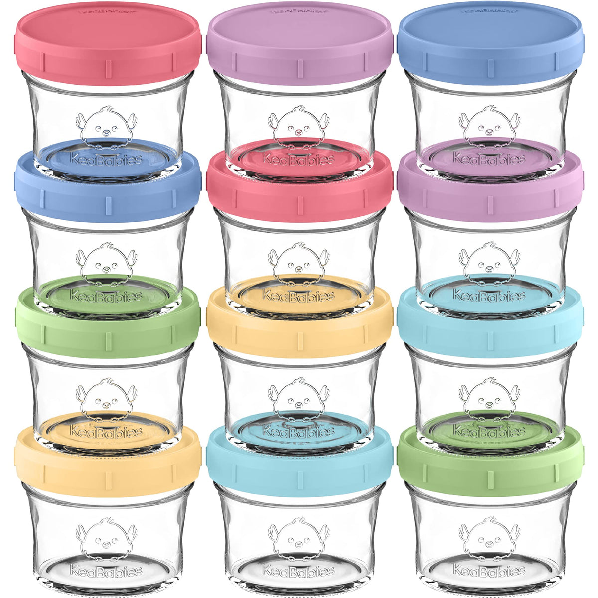 KeaBabies 12-pack 4oz glass baby food containers for organized meal prep.
