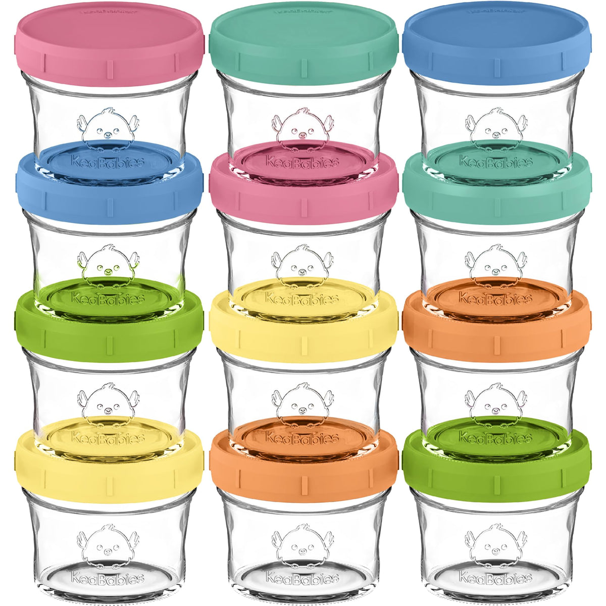 KeaBabies 12-pack glass baby-food containers for safe storage of homemade purees.