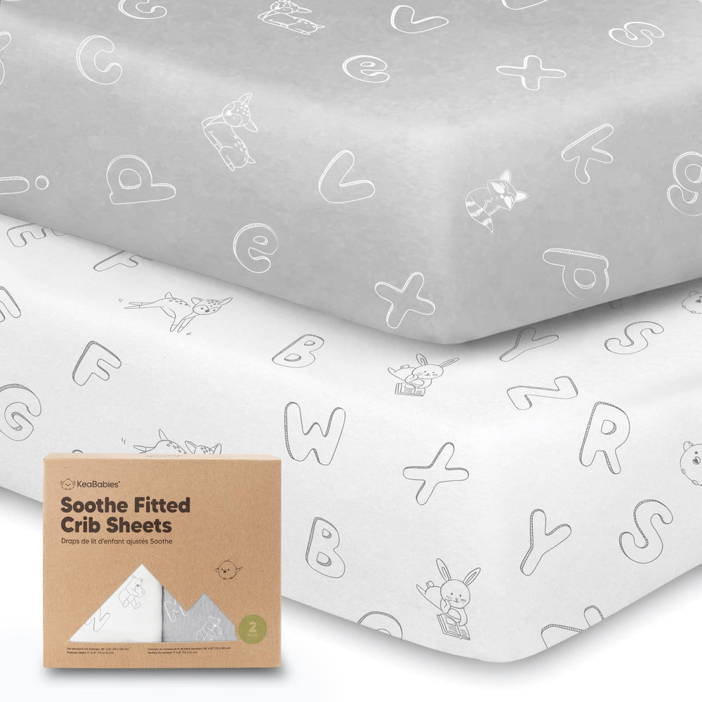 KeaBabies crib sheets folded to reveal ABC Land Cloud print for neutral nursery decor