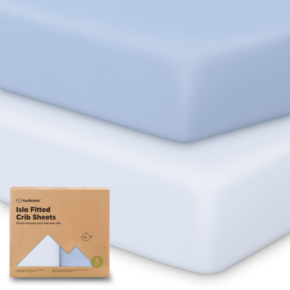 KeaBabies 2-pack crib sheets blue-flax folded to reveal soft bamboo fabric.