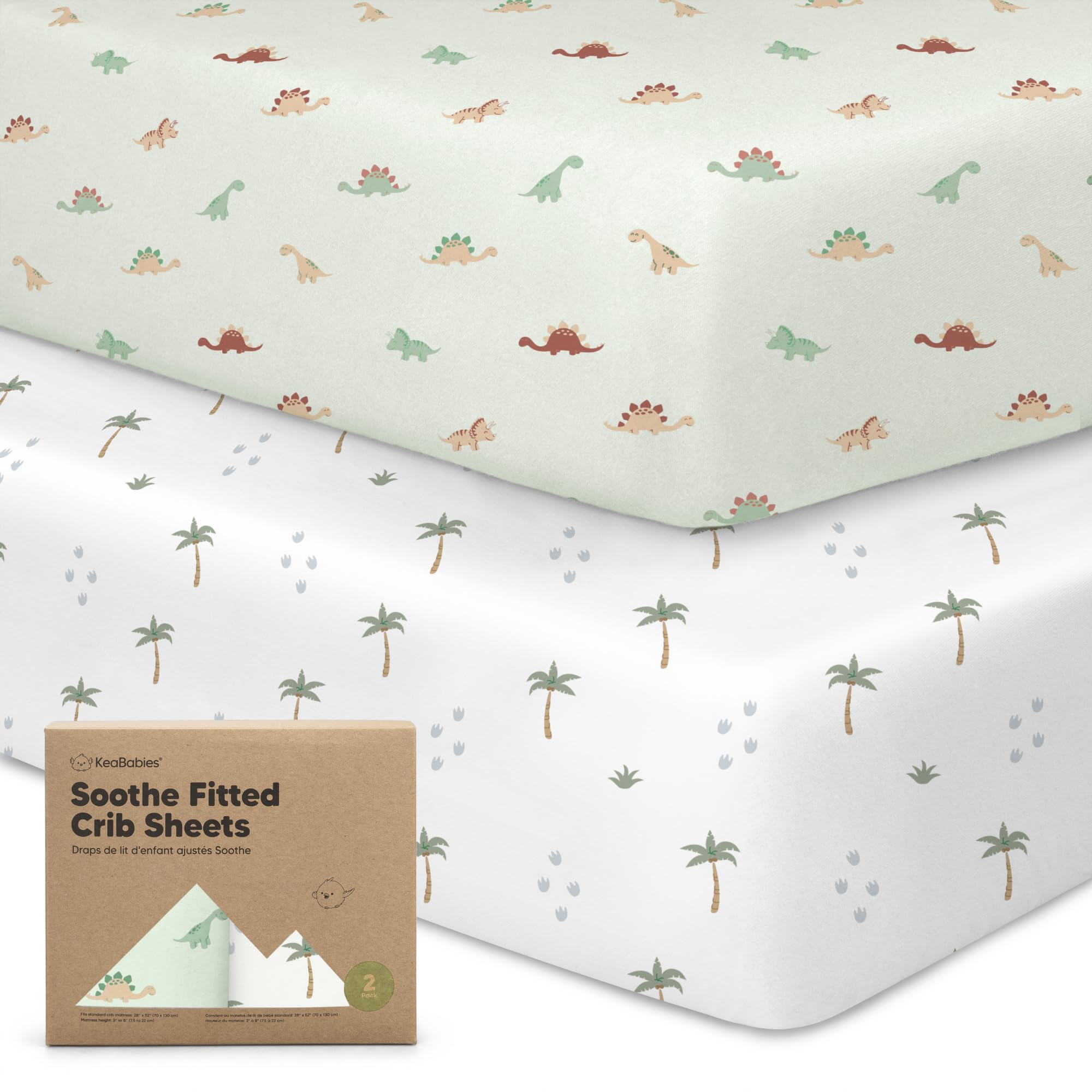 KeaBabies 2-pack crib sheets packaging highlights quick-fit design for busy parents.