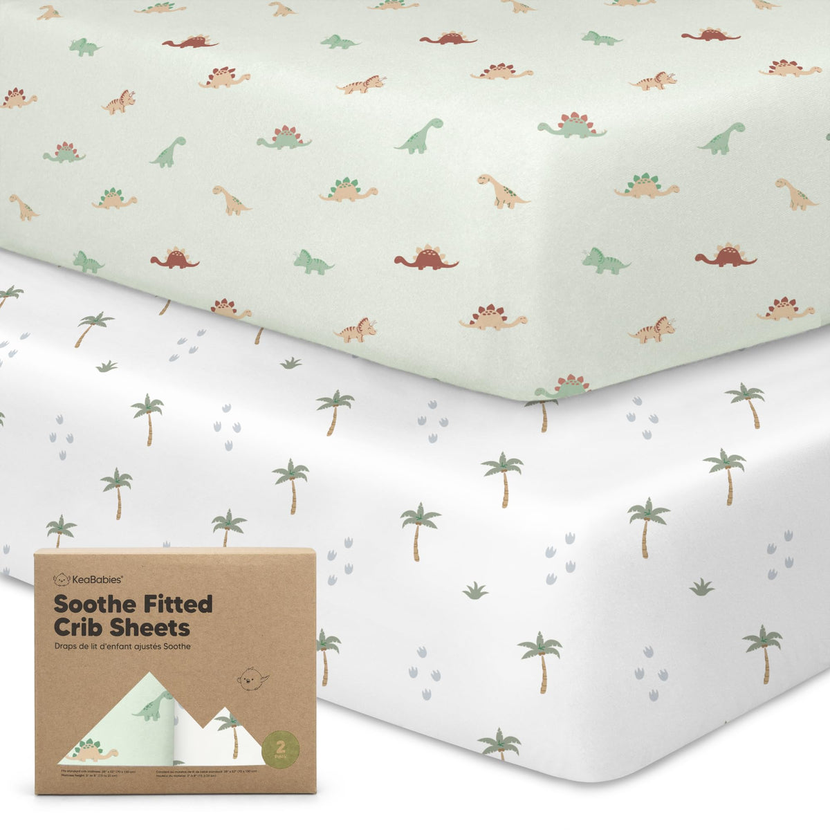 KeaBabies 2-pack crib sheets packaging highlights quick-fit design for busy parents.