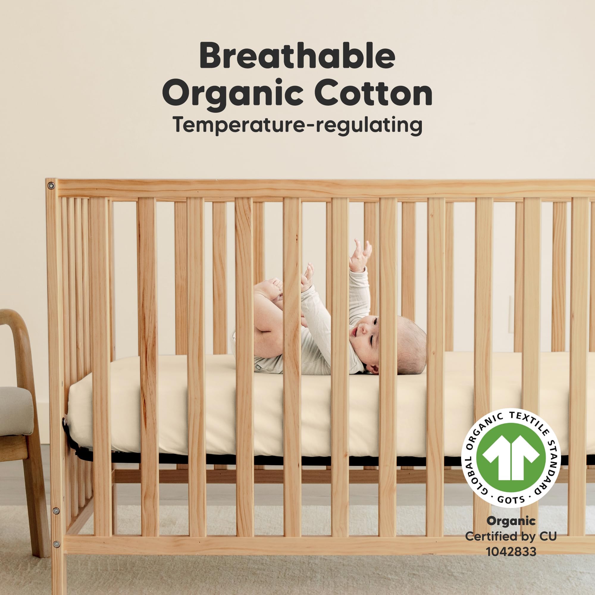 KeaBabies pecan crib sheets on mattress demonstrating snug fit and 52x28 size