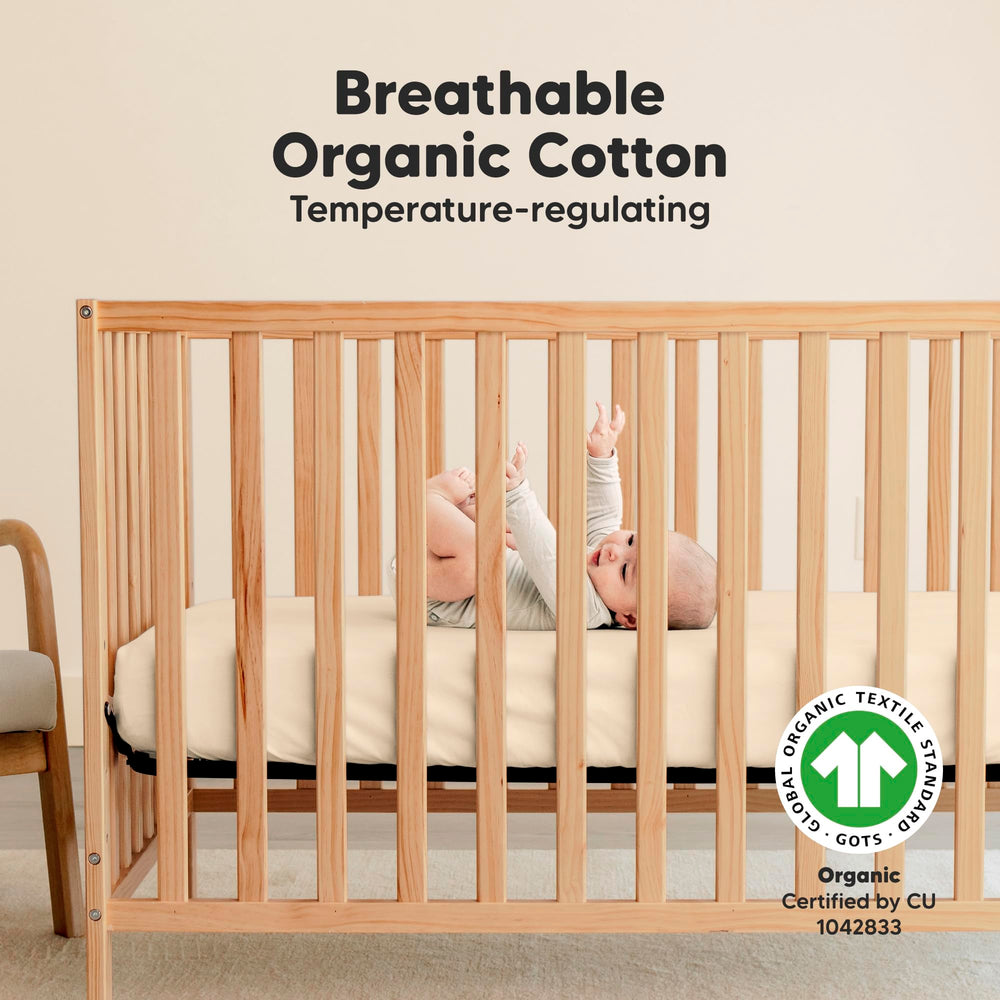 KeaBabies pecan crib sheets on mattress demonstrating snug fit and 52x28 size