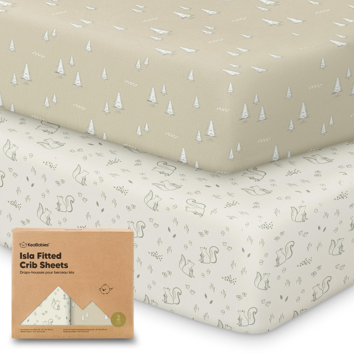 KeaBabies 2-Pack Crib Sheets Pine Grove offer soft, breathable bamboo viscose for baby comfort.