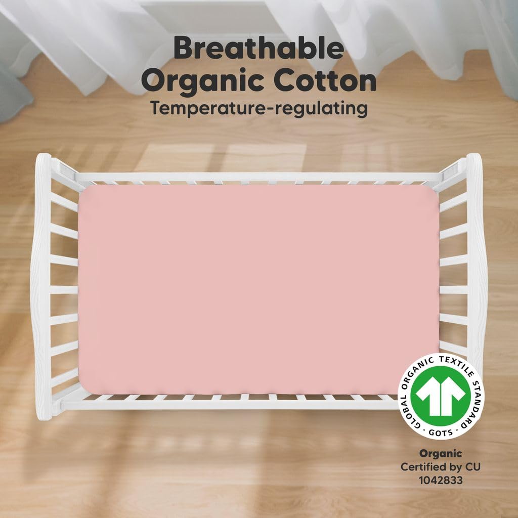 KeaBabies 2-Pack crib sheets rose on mattress shows snug fit for safe sleep.
