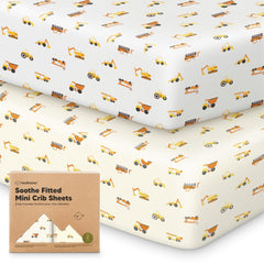 KeaBabies 2-pack mini crib sheets laid flat for 38x26 pack n play compatibility.