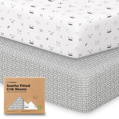 KeaBabies 2-pack organic crib sheets pack shot with neutral Nordic prints for safe sleep