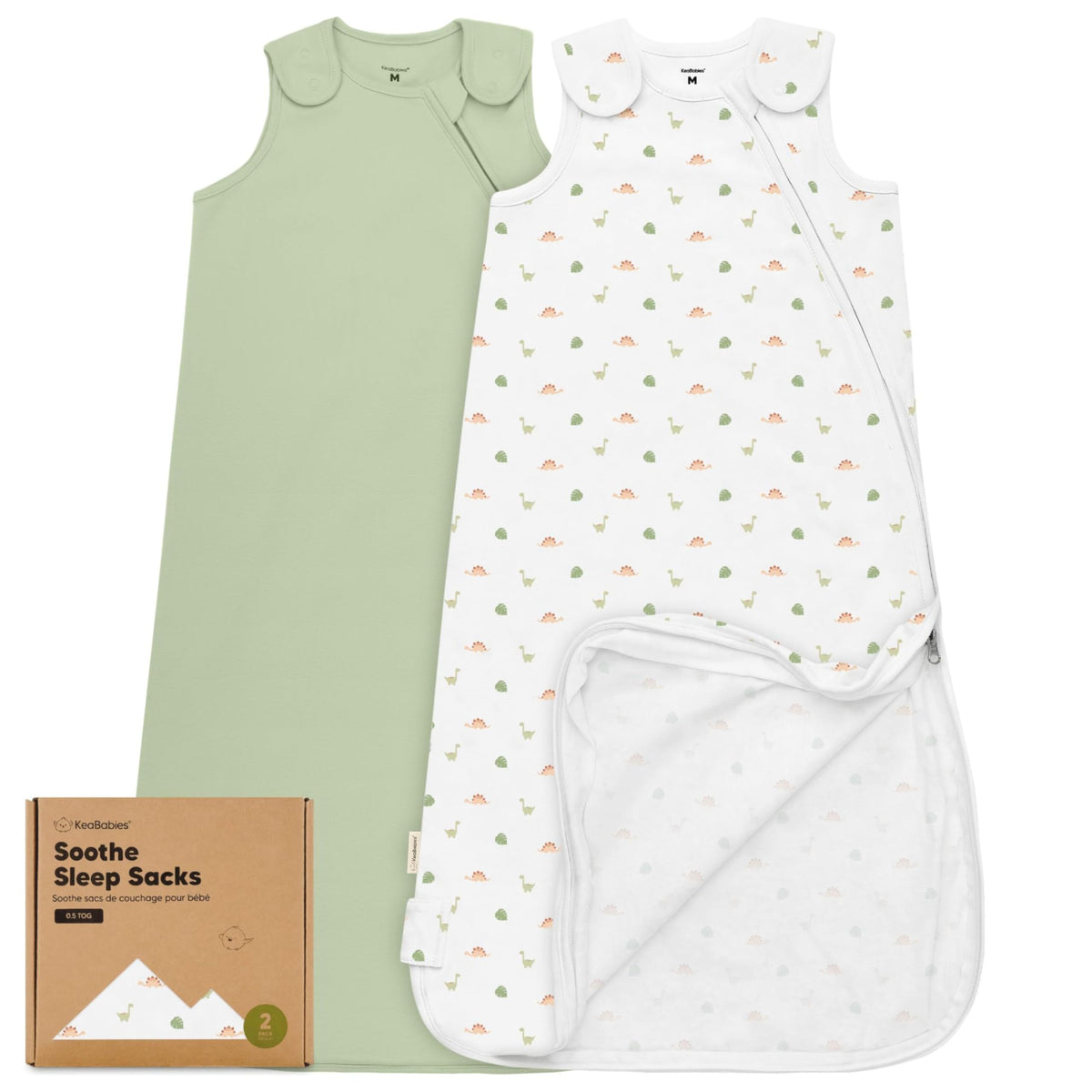 KeaBabies 2-pack sleep sacks with roarsome print and zip closure for quick diaper changes.