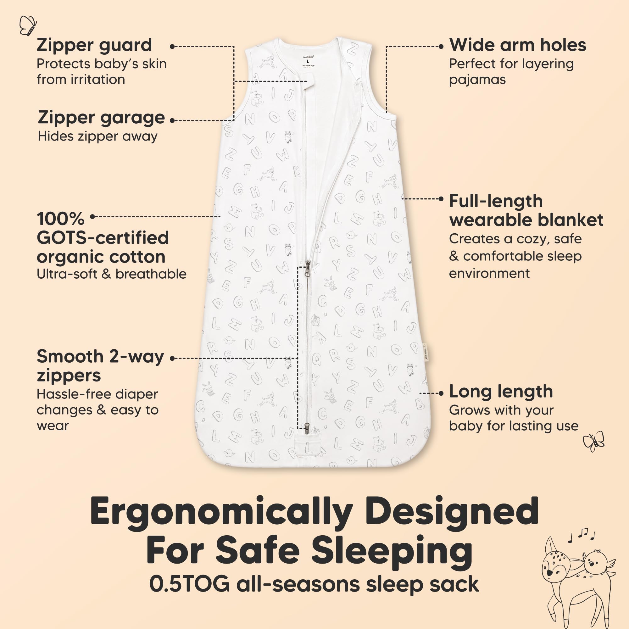 KeaBabies 2-pack snooze sleep sacks showing zipper for easy diaper changes.