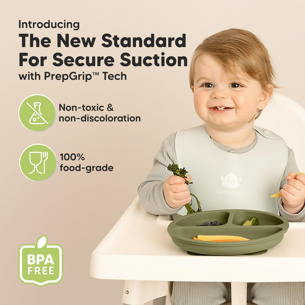KeaBabies 3-pack silicone plates stacked, ready for easy storage and quick setup.