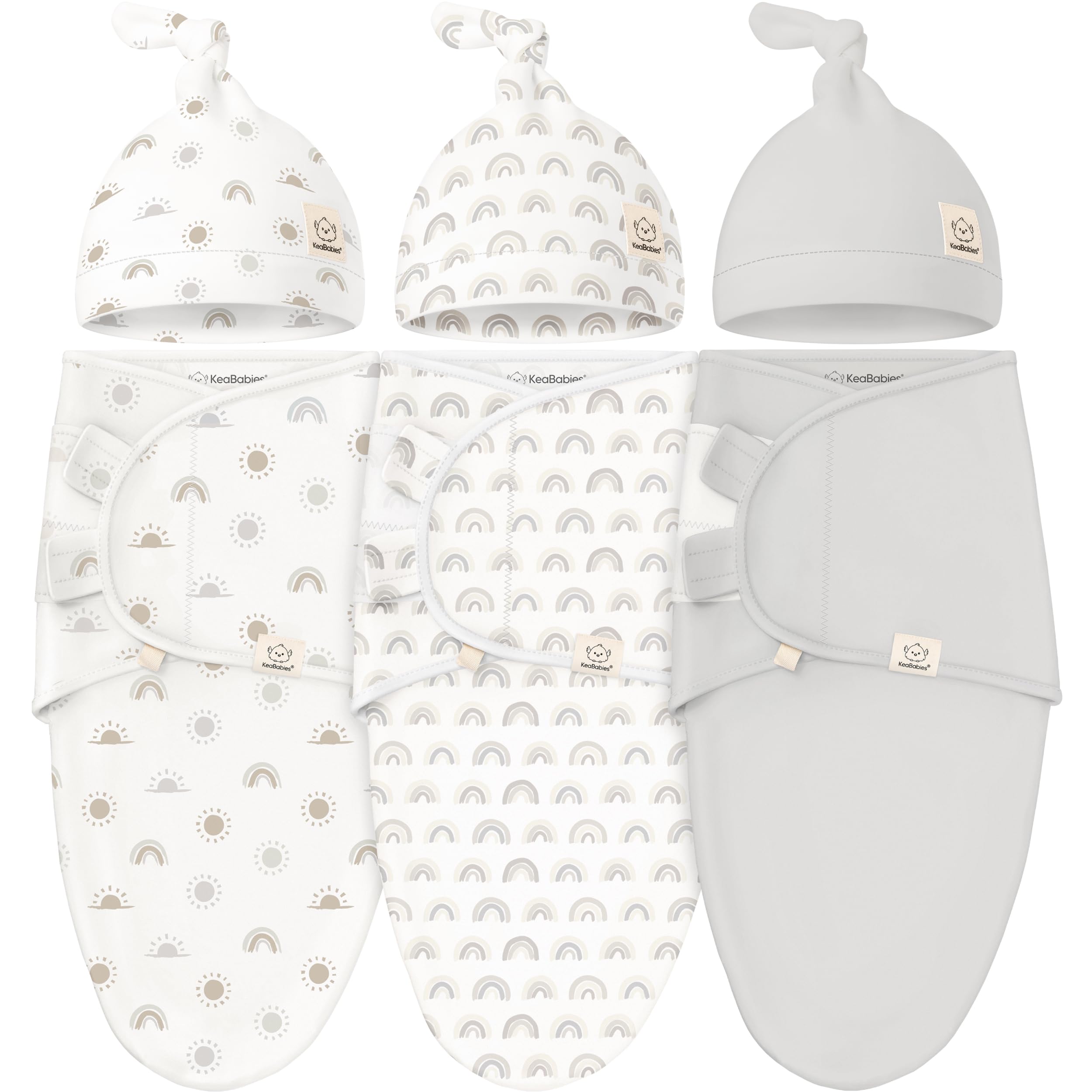 KeaBabies 3Pack Swaddles with Hats pack shot promotes secure wrapping for calmer newborn sleep