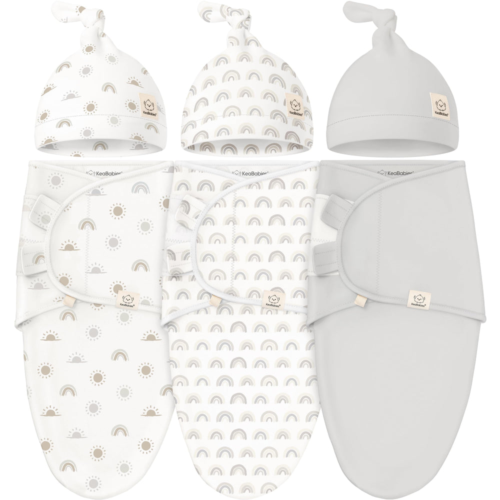 KeaBabies 3Pack Swaddles with Hats pack shot promotes secure wrapping for calmer newborn sleep