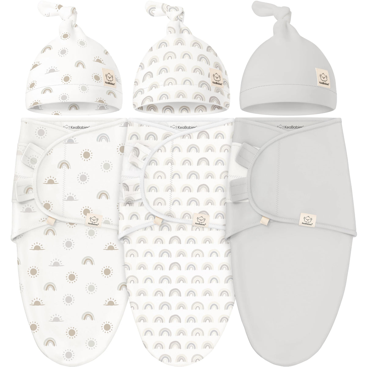 KeaBabies 3Pack Swaddles with Hats pack shot promotes secure wrapping for calmer newborn sleep