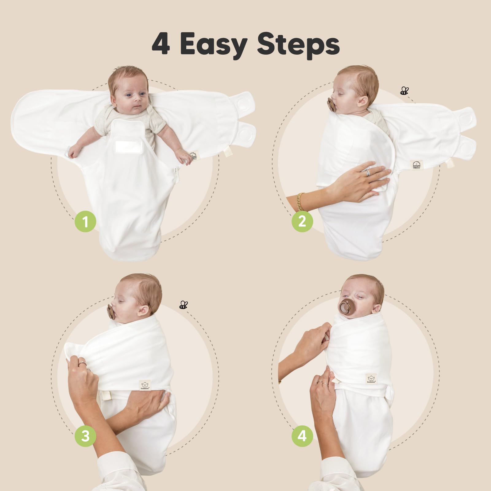 KeaBabies 4-step swaddle setup helps wrap newborns quickly and securely.