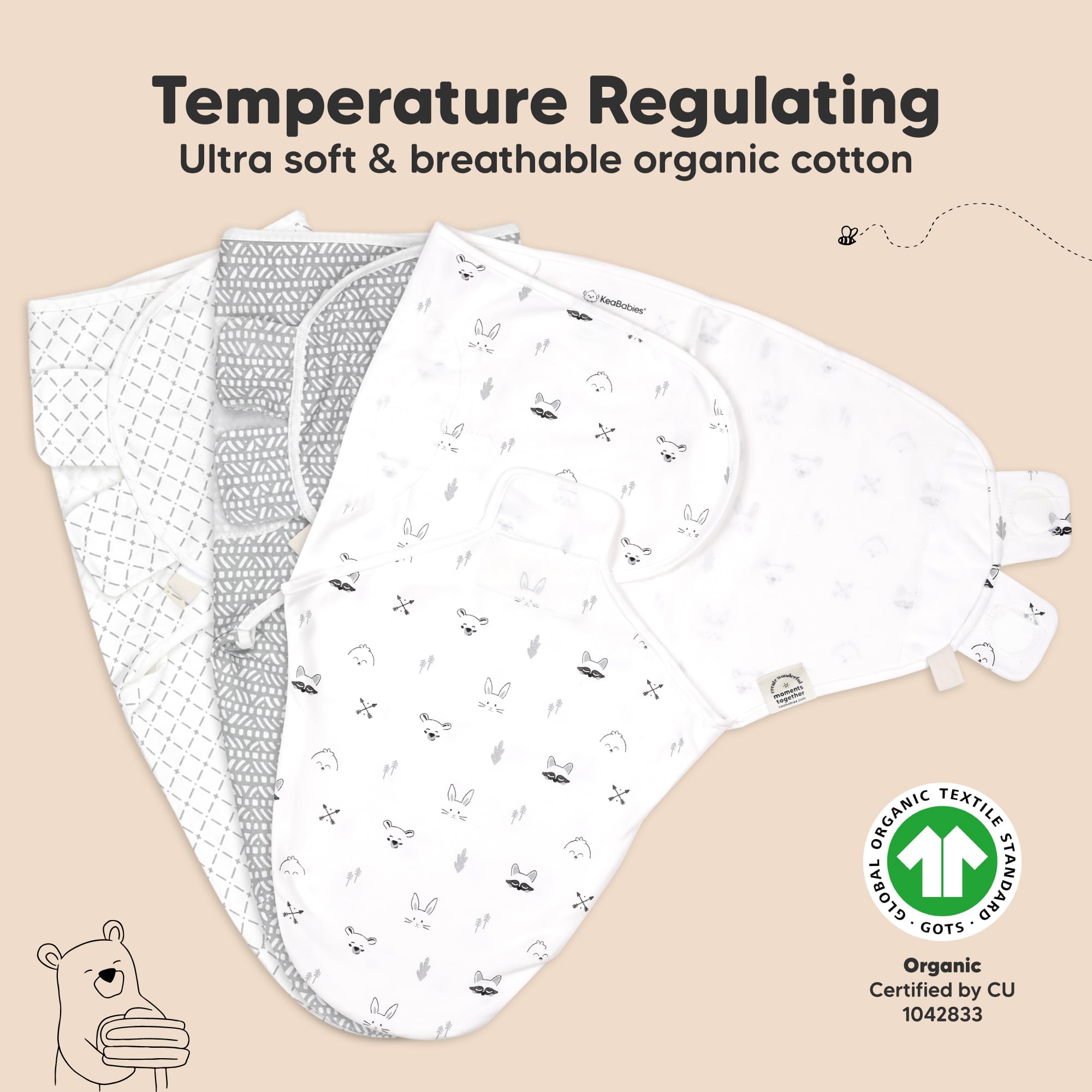 KeaBabies 4-step swaddling design simplifies secure wrap every time.
