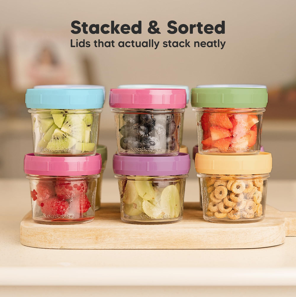 KeaBabies 4oz jars store liquids, purees, fruits, and snacks efficiently.