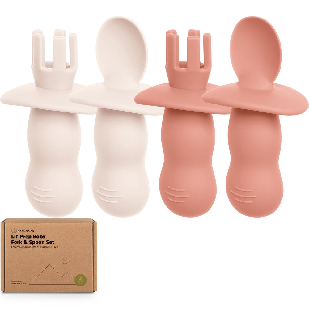 KeaBabies 4-pack silicone spoons and forks in roseate for easy self-feeding.