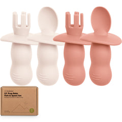 KeaBabies 4-pack silicone spoons and forks in roseate for easy self-feeding.